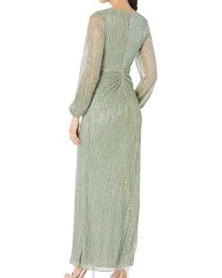 Adrianna Papell Long Sleeve Crinkle Metallic Gown with Draped Waist Detail Women's