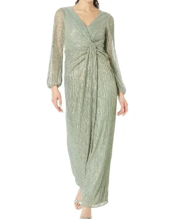 Adrianna Papell Long Sleeve Crinkle Metallic Gown with Draped Waist Detail Women's