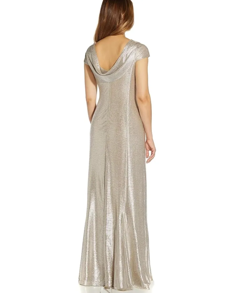 Adrianna Papell Metallic Knit Drape Neck Gown Women's