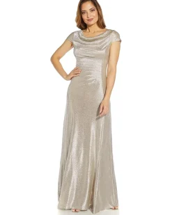 Adrianna Papell Metallic Knit Drape Neck Gown Women's
