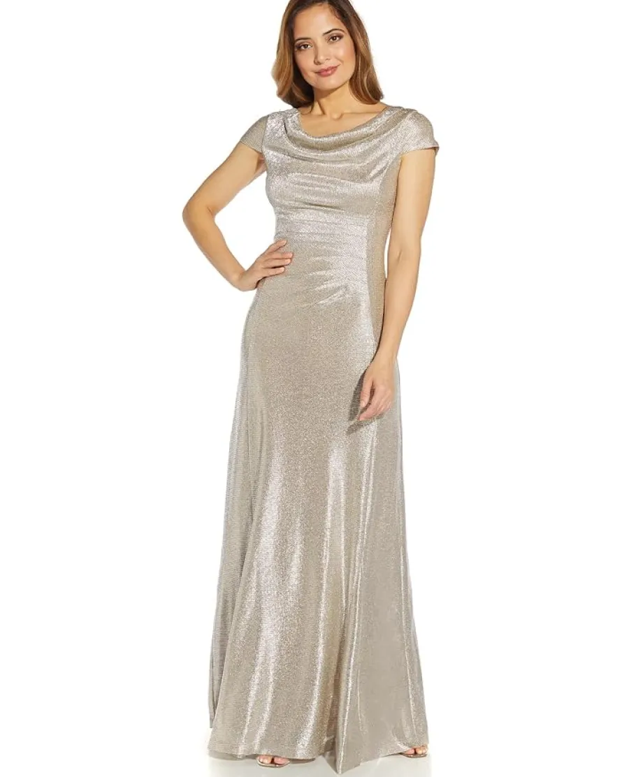 Adrianna Papell Metallic Knit Drape Neck Gown Women's