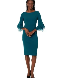 Adrianna Papell Stretch Knit Crepe Sheath Dress with Tiered Organza Bell Sleeve Women's