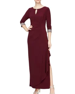 Alex Evenings Long A-Line Dress with Embellished Sleeves and Neckline Women's