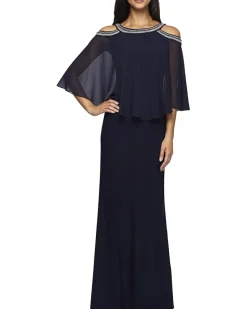 Alex Evenings Long Chiffon Cold-Shoulder Popover Dress Women's