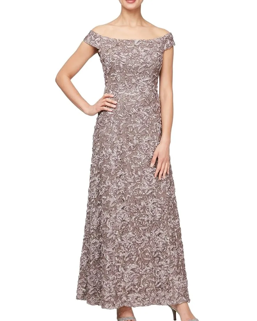 Alex Evenings Long Soutache Lace off the Shoulder Women's