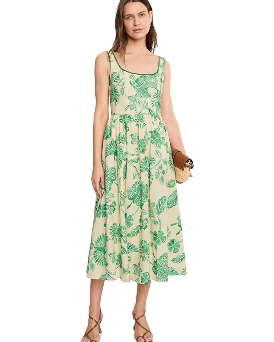 Avec Les Filles Linen Blend Floral Print Midi Dress Women's