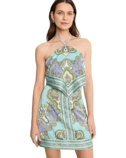 Avec Les Filles Printed Satin Scarf Halter Mini Dress Women's