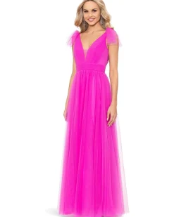 Betsy & Adam Long Mesh V-Neck Ballgown Women's