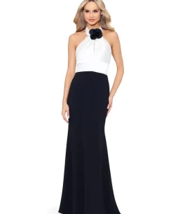 Betsy & Adam Long scuba crepe gown with flower Women's
