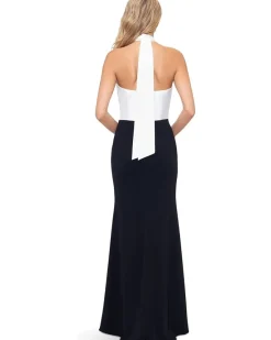 Betsy & Adam Long scuba crepe gown with flower Women's
