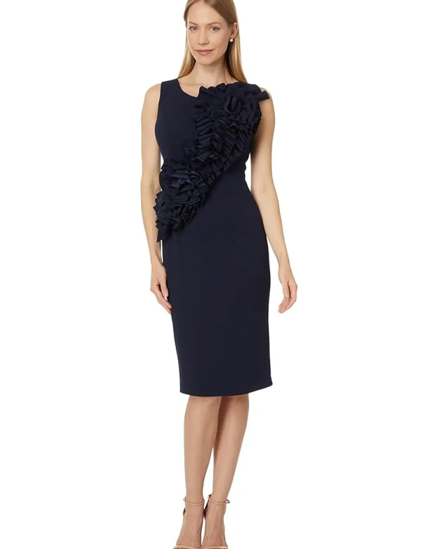 Betsy & Adam Short scuba crepe ruffle flower Women's