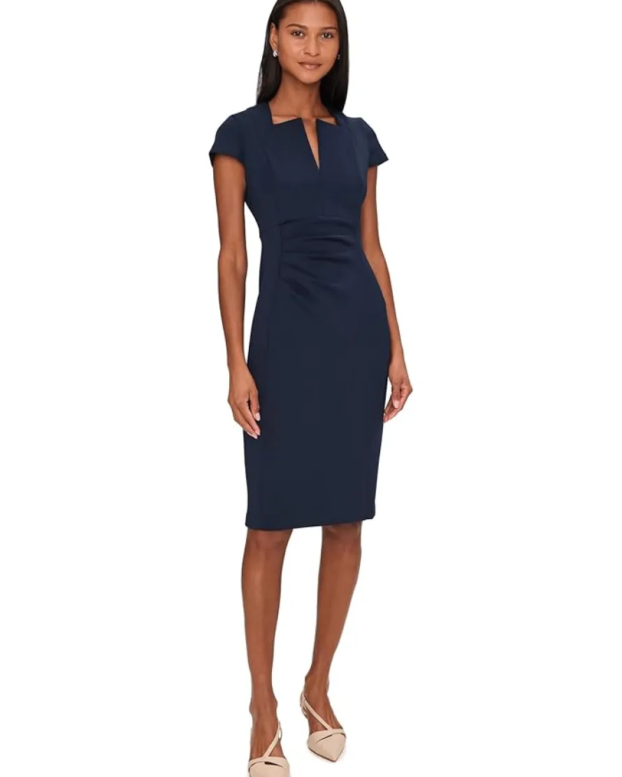Calvin Klein Cap Sleeve Asymmetrical Neck Crepe Sheath Women's