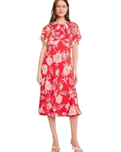 Calvin Klein Floral Chiffon Flutter Sleeve Midi Women's