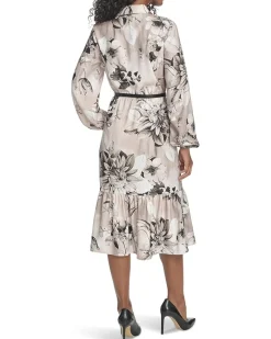 Calvin Klein Long Sleeve Dot Crepe Belted Bubble Hem Midi Women's