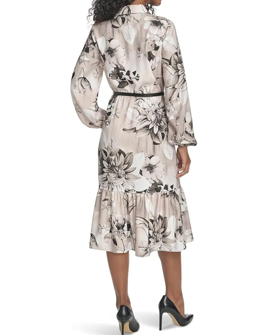 Calvin Klein Long Sleeve Dot Crepe Belted Bubble Hem Midi Women's