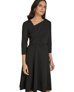 Calvin Klein Scuba Crepe Asym Rouched Neck Midi With Belt Women's