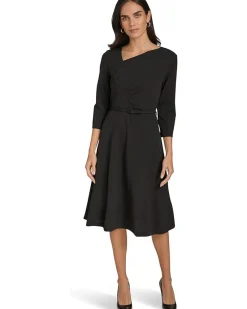 Calvin Klein Scuba Crepe Asym Rouched Neck Midi With Belt Women's