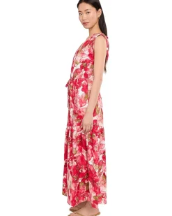Calvin Klein Sleeveless Dot Crepe Floral Drawstring Midi Dress Women's
