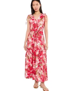 Calvin Klein Sleeveless Dot Crepe Floral Drawstring Midi Dress Women's