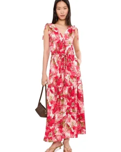 Calvin Klein Sleeveless Dot Crepe Floral Drawstring Midi Dress Women's