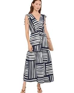 Calvin Klein Sleeveless V-Neck Striped Gauze Midi Women's