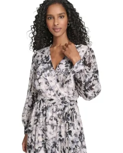 Calvin Klein V-Neck Long Sleeve Chiffon Midi Women's