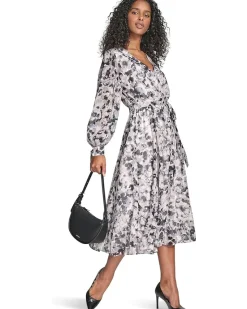 Calvin Klein V-Neck Long Sleeve Chiffon Midi Women's