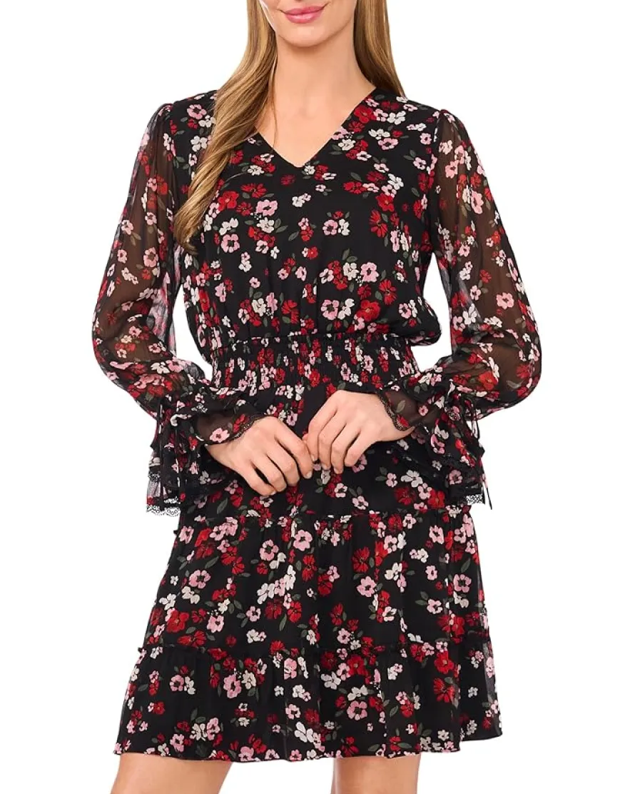 CeCe Balloon Sleeve V-Neck Smocked Waist Dress Women's