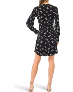 CeCe Bow Print Button Front Shirred Knit Dress Women's
