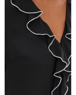 CeCe Contrast Ruffle Trim Long Sleeve V-Neck Top Women's