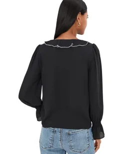 CeCe Contrast Ruffle Trim Long Sleeve V-Neck Top Women's