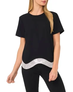 CeCe Crew Neck Top with Rhinstone Wavy Hem Women's