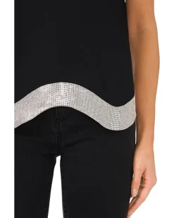 CeCe Crew Neck Top with Rhinstone Wavy Hem Women's