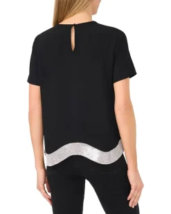 CeCe Crew Neck Top with Rhinstone Wavy Hem Women's