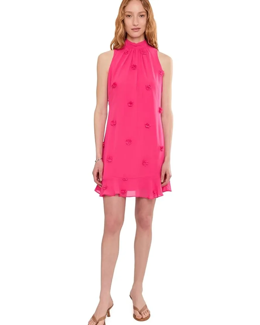 CeCe 3D Floral Applique Tie Neck Mini Dress Women's