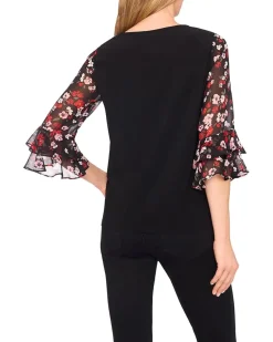 CeCe Double Ruffle Mixed Media Knit Top Women's
