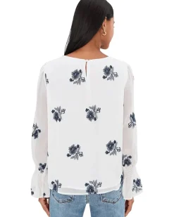 CeCe Embroidered Long Sleeve Smocked Cuff Blouse Women's