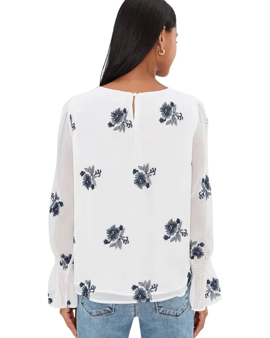 CeCe Embroidered Long Sleeve Smocked Cuff Blouse Women's
