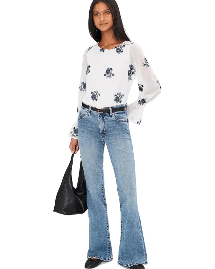 CeCe Embroidered Long Sleeve Smocked Cuff Blouse Women's