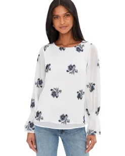 CeCe Embroidered Long Sleeve Smocked Cuff Blouse Women's