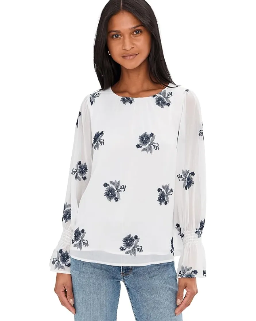 CeCe Embroidered Long Sleeve Smocked Cuff Blouse Women's
