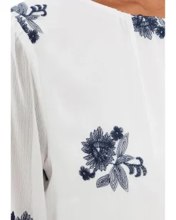 CeCe Embroidered Long Sleeve Smocked Cuff Blouse Women's