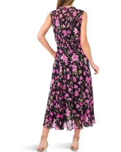 CeCe Floral Tie Neck Shirred Midi Dress Women's