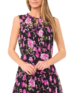 CeCe Floral Tie Neck Shirred Midi Dress Women's