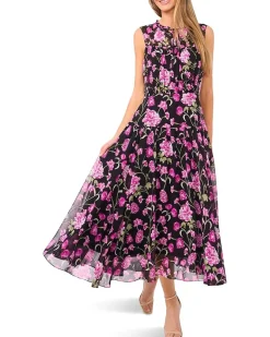 CeCe Floral Tie Neck Shirred Midi Dress Women's