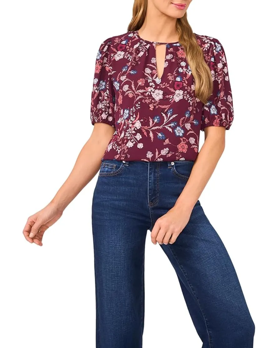 CeCe Front Keyhole Short Puff Sleeve Top Women's