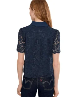 CeCe Lace Short Sleeves Hidden Placket Shirt Women's