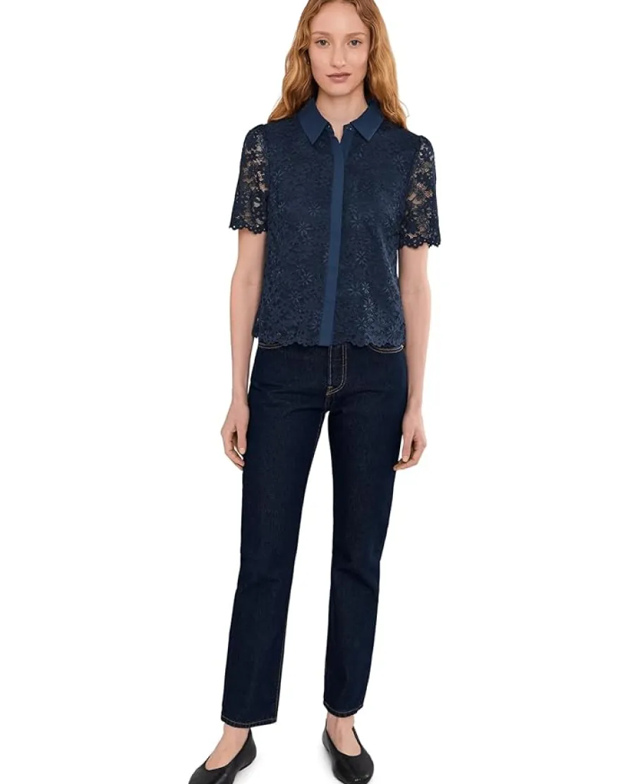 CeCe Lace Short Sleeves Hidden Placket Shirt Women's