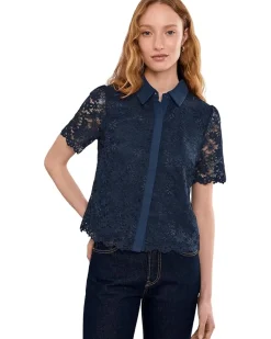 CeCe Lace Short Sleeves Hidden Placket Shirt Women's