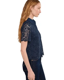CeCe Lace Short Sleeves Hidden Placket Shirt Women's